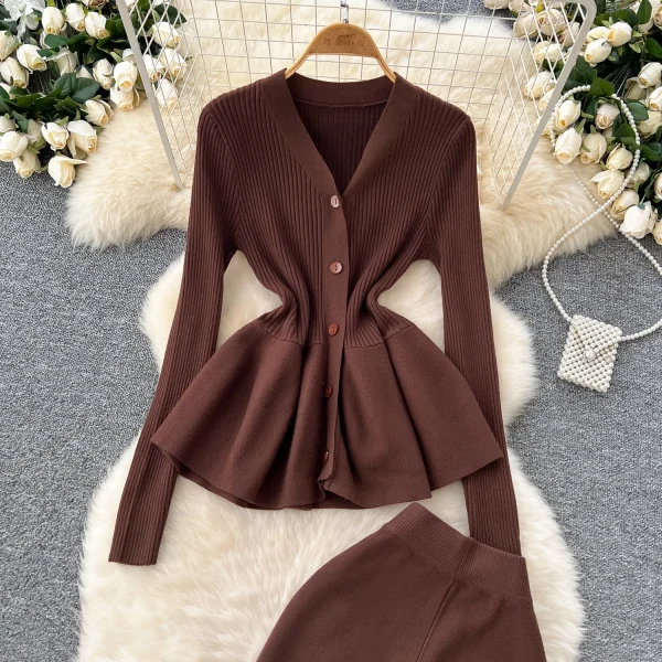 LW0121 Elegant Knitwear Two-Piece Women'S Waist Waist With Lotus Leaf Hem Long Sleeve Top High Waist Micro-Stretch Long Pants - Image 6