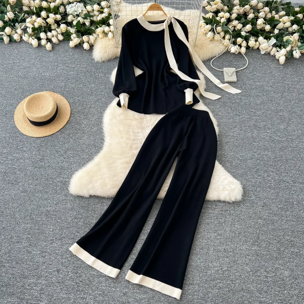 LW0147 Women'S Two-Piece Crew-Neck Tie With Lantern Sleeve Knitted Top High-Waisted Casual Pants Women 2 Piece Winter Suit - Image 5