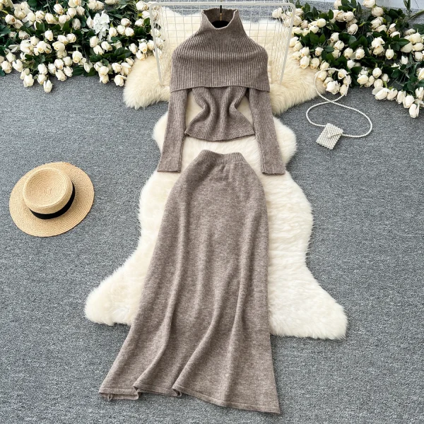 LW0106 Two Piece Ladies Set Stylish High-Neck Slim-Fit Long-Sleeved Knitted Top High-Waisted Slimming Skirt Two-Piece Set - Image 4