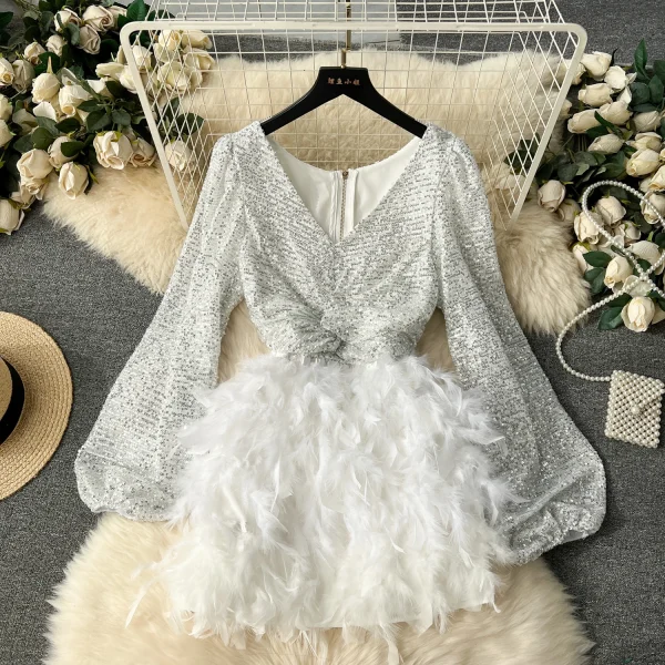 ZT1548 2025 Early Spring New Short Dresses Socialite High-end Sequin Puffed Sleeve Stitching Feather Wrap Hip Dress Evening Gown - Image 4