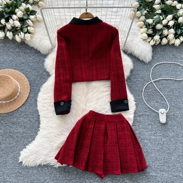 LW0116 French Girl Small Fragrance Color Bow Button Short Long Sleeve Coat High Waist Pleated Skirt Ladies Two-Piece Set - Image 2