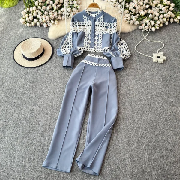 LE4756 Lantern Long-Sleeved Stand-Up Collar Hollowed-Out Lace Top Two-Piece Set of High-Waisted Temperament Nine-Point Trousers - Image 4