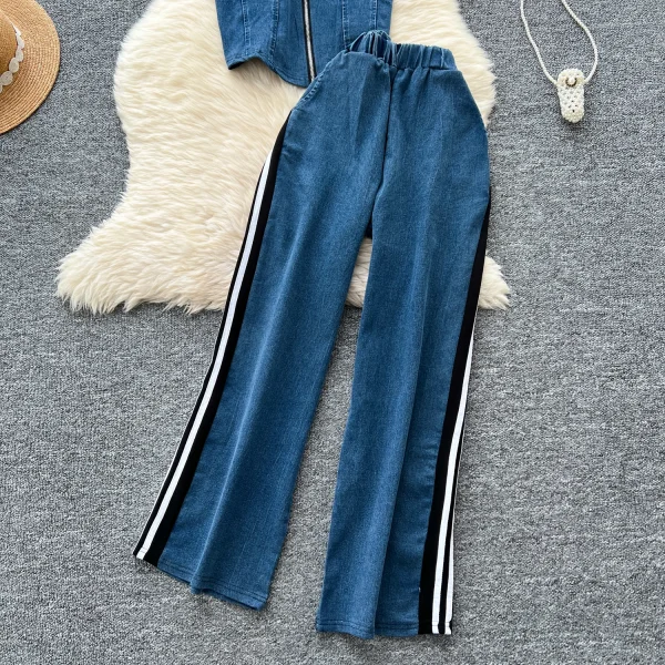 LE4750 Casual Wear With a Two-Piece Women'S Fashion Stand Collar Zipper Short Sleeve Patchwork Top Wide-Leg Pants Denim Suit - Image 4