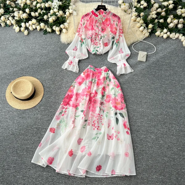 LW0574 2025 Spring Vacation Style Two-Piece Women'S Lace-Up Lantern Sleeve Printed Shirt High Waist Drop Skirt