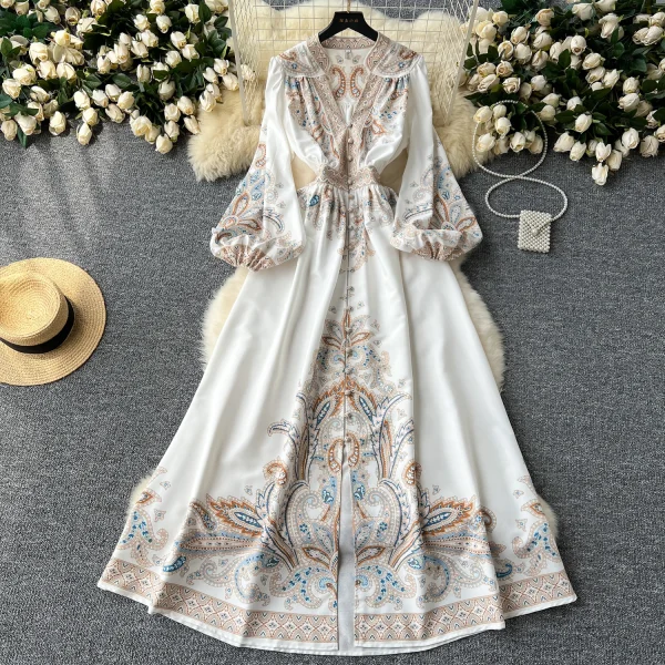 ZT1514 French Vintage Elegant Dress Female High-end Exquisite Banquet Party Holiday  European Court Print Maxi Dress