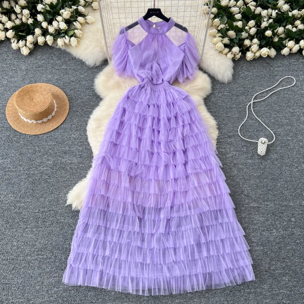 ZT1544 French Niche Elegant Dress Women's Senior Lace Short-sleeved Waist Slimming Multi-layer Temperament  Maxi Dress - Image 4