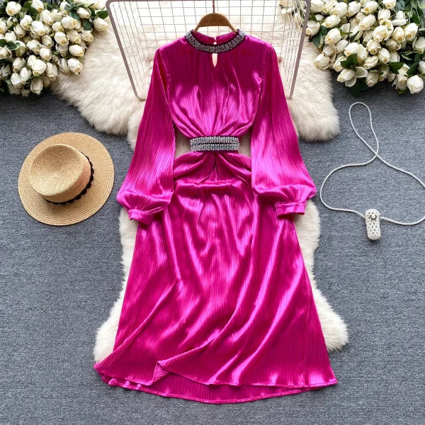 ZT1534 Elegant Mid-Length Satin Dress with Luxury Diamond Collar High-Grade Sense Fashion for Order Model Number