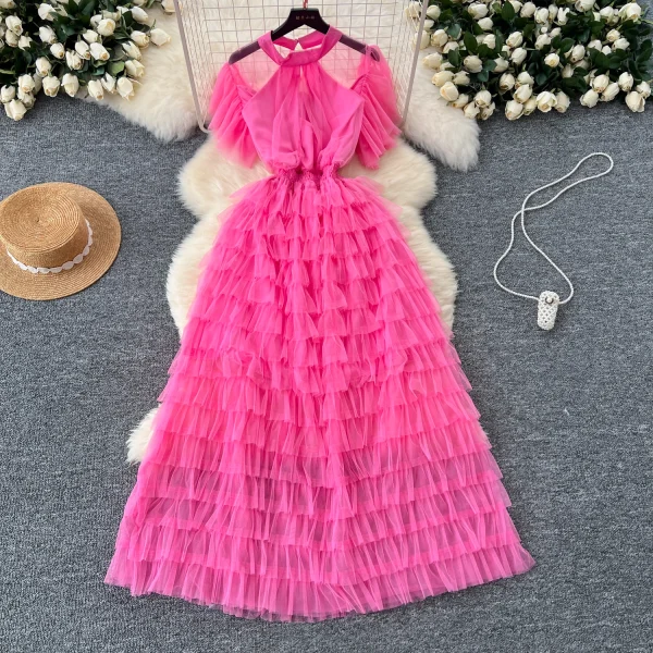 ZT1544 French Niche Elegant Dress Women's Senior Lace Short-sleeved Waist Slimming Multi-layer Temperament  Maxi Dress - Image 6