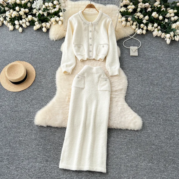 LE4762 2025 Winter Pant Sets Advanced Sense Heavy Industry Nailed Bead Round Neck Long Sleeve Sweater High Waist Slim-Fit Skirt - Image 2