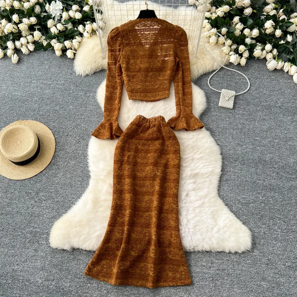 LW0100 Advanced Sense Rose Flower V-Neck Flared Sleeve Top Women'S High Waist Slim-Fit Skirt Lace Two-Piece Set - Image 3
