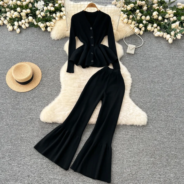 LW0121 Elegant Knitwear Two-Piece Women'S Waist Waist With Lotus Leaf Hem Long Sleeve Top High Waist Micro-Stretch Long Pants - Image 3