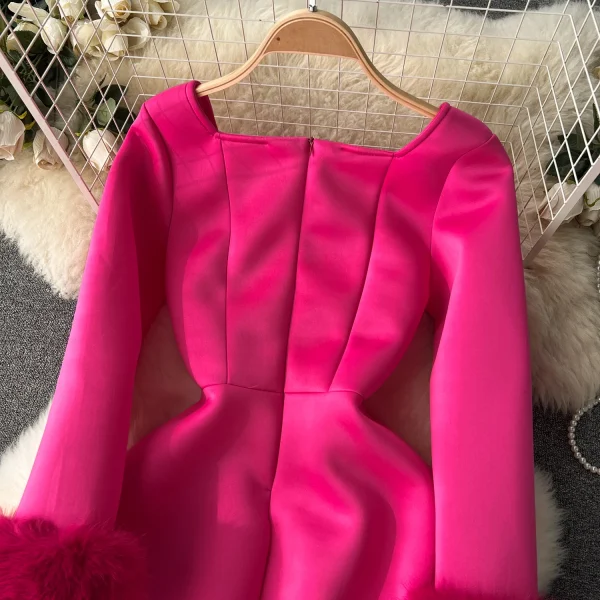 ZT1546 Female Birthday Party Evening Gown Banquetelegant Luxury  High-end Exquisite Waist Fur-patchwork Dress Midi Dress - Image 4