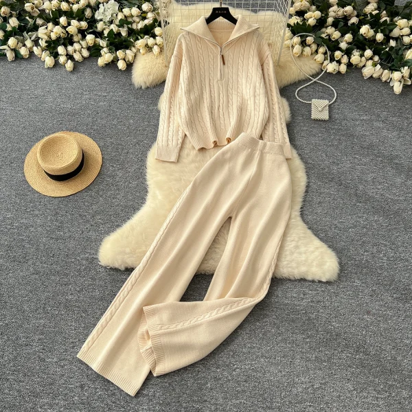 LW0142 Korean Casual Pullover Lapel Zipper Long Sleeve Sweater Women'S High Waist Wide Leg Straight Leg Pants Two-Piece-Set - Image 4