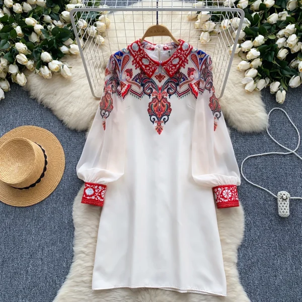 ZT1484 Vintage Palace Style Printed Dress Womens Dresses Summer Lantern Sleeve Polo Collar Loose Design Temperament Mini Dress