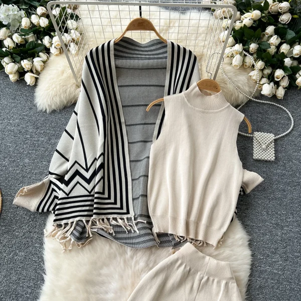 LW0098 Gentle Wind All Match Color Fringed Shawl Coat Sweater Sleeveless Vest High Waist Wide Leg Pants  Set - Image 6