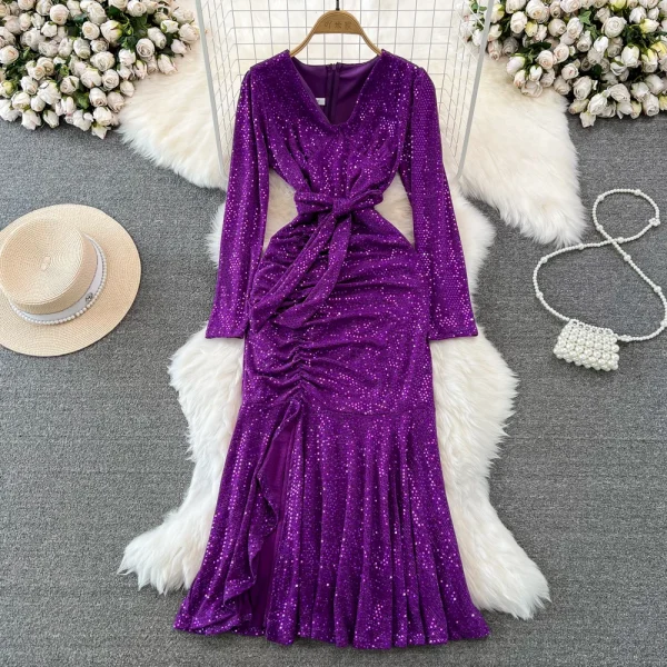 ZT1563  Fashion Long Sleeve V-neck Waist Slimming A-line Wrap Hip Sequin Fishtail Dress Elegant Dress Evening Gown Midi Dress - Image 3