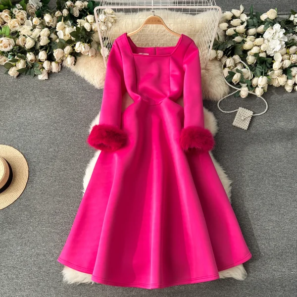 ZT1546 Female Birthday Party Evening Gown Banquetelegant Luxury  High-end Exquisite Waist Fur-patchwork Dress Midi Dress