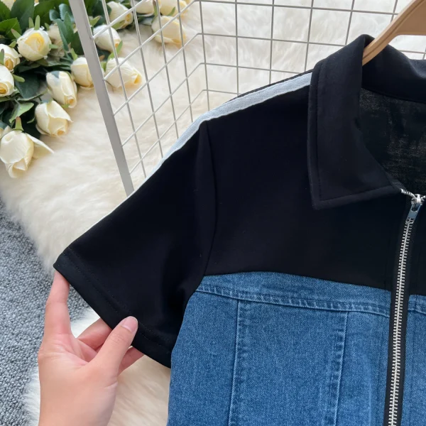 LE4750 Casual Wear With a Two-Piece Women'S Fashion Stand Collar Zipper Short Sleeve Patchwork Top Wide-Leg Pants Denim Suit - Image 5