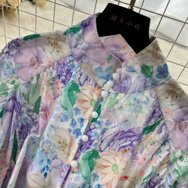 ZT1496 European 2025 New Dress Advanced Sense Stand Collar Single Breasted Waist Long Sleeve Printed Ruffled Mini Dress - Image 4