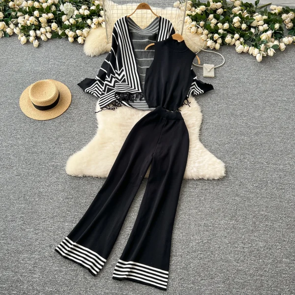 LW0098 Gentle Wind All Match Color Fringed Shawl Coat Sweater Sleeveless Vest High Waist Wide Leg Pants  Set - Image 3