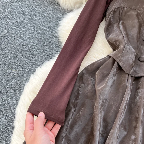 LW0114 French Vintage Square Collar Button-Down Waist Dress for Women With Turtleneck Bottoms for Women Two-Piece Set - Image 6
