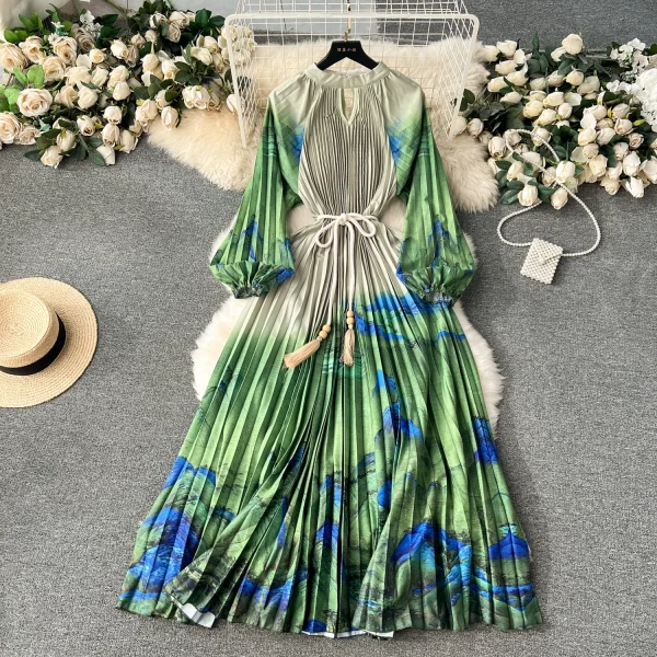 ZT1529 Retro Palace Style Design Sense Floral Printed  Pleated Puffy Sleeve Dress Spring Women Pleated Midi Dress - Image 2