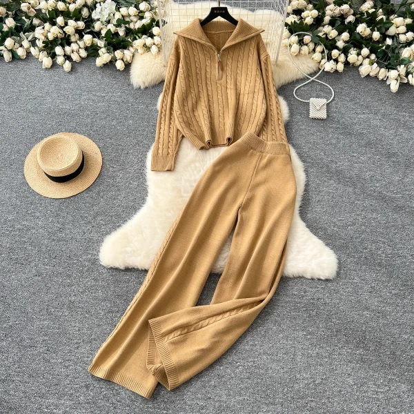 LW0142 Korean Casual Pullover Lapel Zipper Long Sleeve Sweater Women'S High Waist Wide Leg Straight Leg Pants Two-Piece-Set