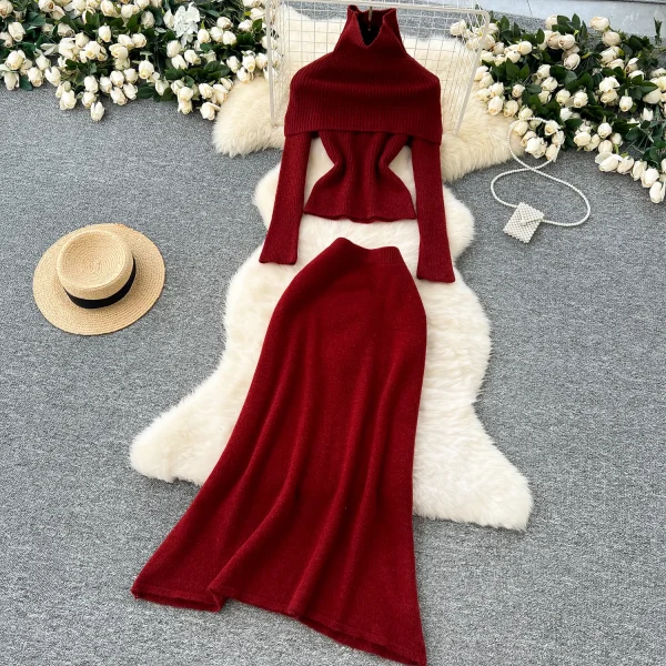 LW0106 Two Piece Ladies Set Stylish High-Neck Slim-Fit Long-Sleeved Knitted Top High-Waisted Slimming Skirt Two-Piece Set - Image 2
