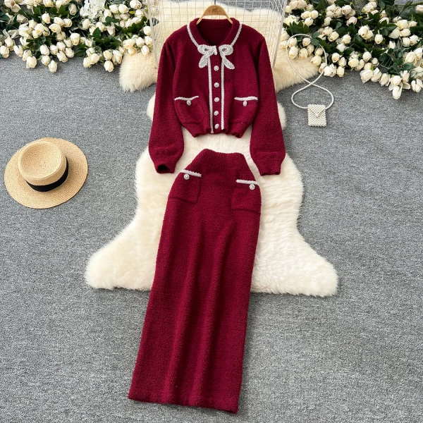 LE4762 2025 Winter Pant Sets Advanced Sense Heavy Industry Nailed Bead Round Neck Long Sleeve Sweater High Waist Slim-Fit Skirt