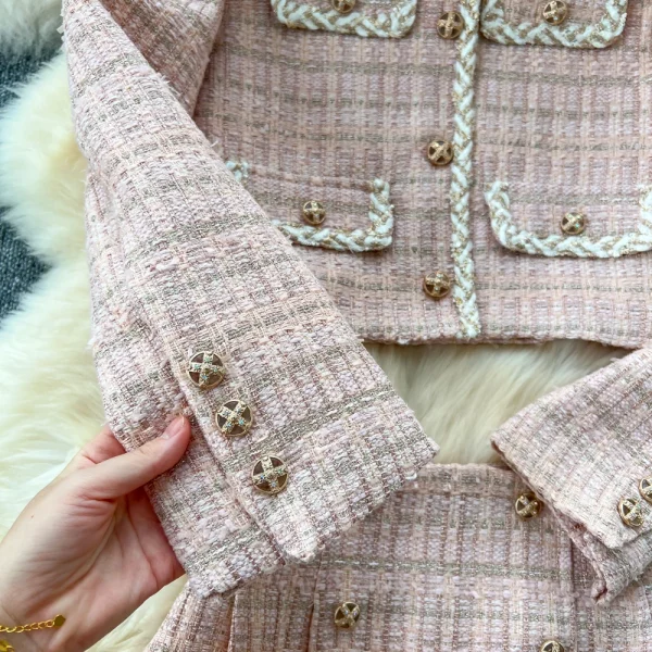 LW0144 Vintage Small Fragrance Metal Buckle Short Long Sleeve Coat Women'S High Waist Skirt Tweed Two-Piece Set - Image 4