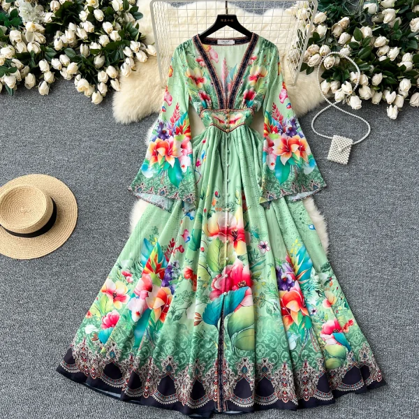 ZT1505 European Retro Court Trumpet V-neck Single Breastedbig Swing Floral Printed Elegant Socialite Party Evening Gown - Image 3