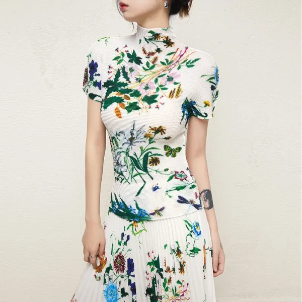 Accept Large Size Loose Casual Style Set Boutique Women'S 2-Piece Floral Print Issey Miyake Short Sleeve Top Pleated Sk - Image 4