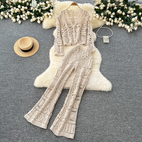 LW0127 Korean Female Hollowed-Out Hook Flower V-Neck Short Cardigan Knit Coat High-Waisted Casual Pants Two-Piece Set