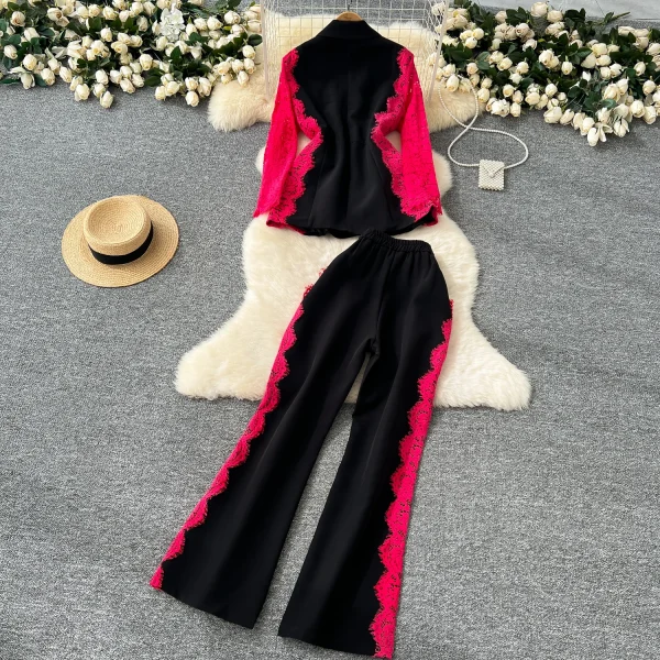 LW0125 Light Wind commuter Ladies Two-piece Contrasting Color Lace Long-sleeved Suit Jacket High-waisted Suit Pants - Image 4