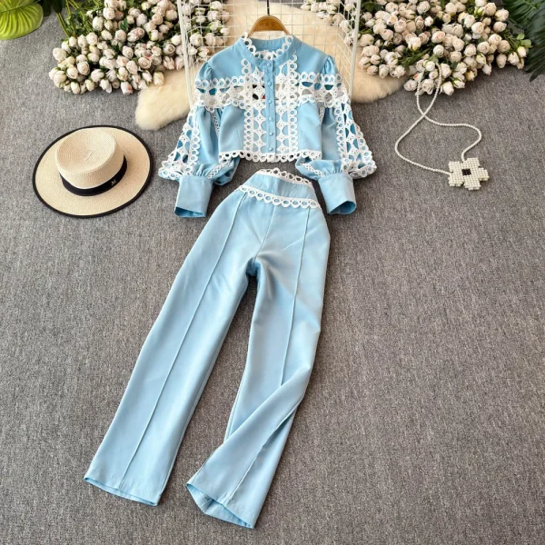LE4756 Lantern Long-Sleeved Stand-Up Collar Hollowed-Out Lace Top Two-Piece Set of High-Waisted Temperament Nine-Point Trousers - Image 3
