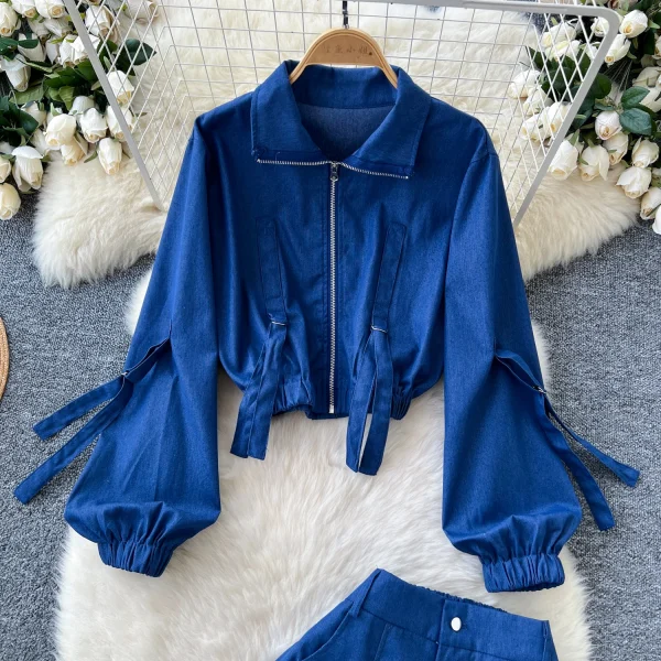 LE4759 Sweet Cool Spice Tie up Lapel Zipper Long Sleeve Top Coat Women'S High-Waisted Cargo Casual Wide-Leg Trouser Suit - Image 5