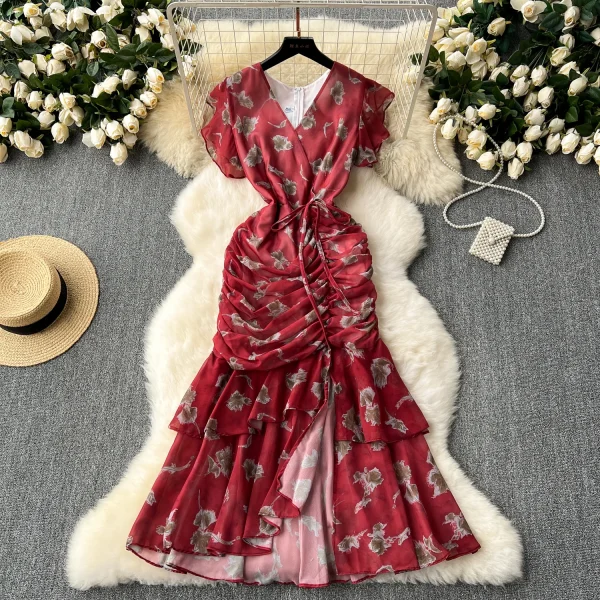 ZT1523 French Vintage Platycodon  Design Sense Floral Print  Ruffled Chiffon Elegant Fashional Fresh Sweet Midi Dresses Women