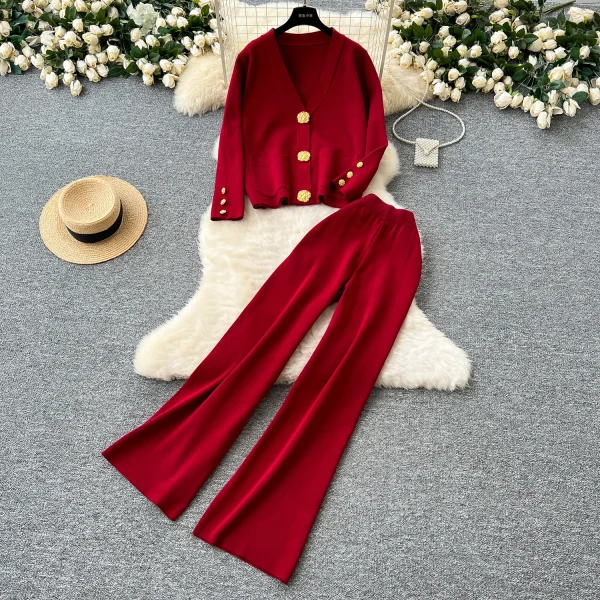 LW0104 Small Fragrant Wind Two-Piece Women'S Metal Button Sweater Sweater Sweater Casual Pants Two-Piece Ladies