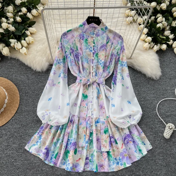 ZT1496 European 2025 New Dress Advanced Sense Stand Collar Single Breasted Waist Long Sleeve Printed Ruffled Mini Dress