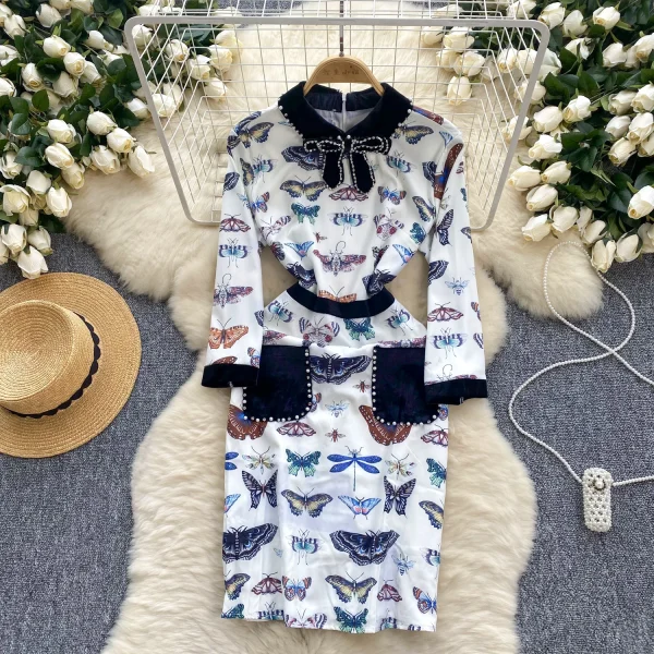 ZT1483 European Retro Nailed Beaded Diamond Bow Collar Long Sleeve Fashion Woman Clothes High-end Printed Elegant Dress