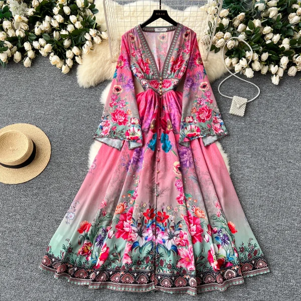 ZT1505 European Retro Court Trumpet V-neck Single Breastedbig Swing Floral Printed Elegant Socialite Party Evening Gown
