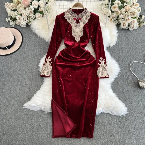 ZT1558 Sexy Velvet Dress Women Autumn-winter Retro Design Temperament Elegant Cheongsam Socialite Party Dress  Vintage Dress