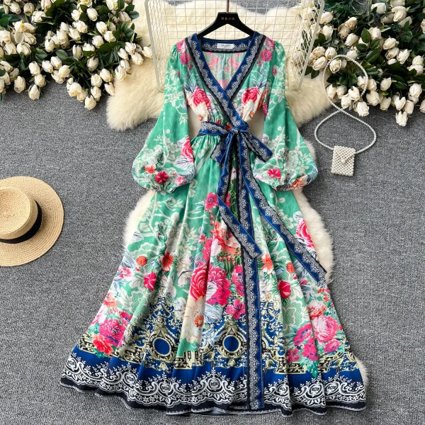 ZT1510 European Women Dress Design Sense V-neck Cross Strap Waist Floral Elegant Printed Dress Chiffon Maxi Dress