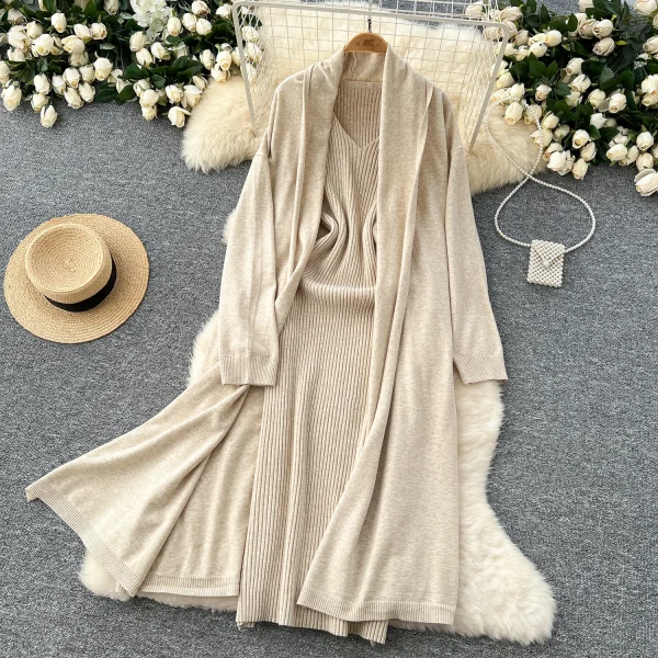 LW0096 Maillard Wears Two-Piece Female a Sleeveless Knit Dress With a Slouchy Sweater Coat Two-Piece for Women - Image 3