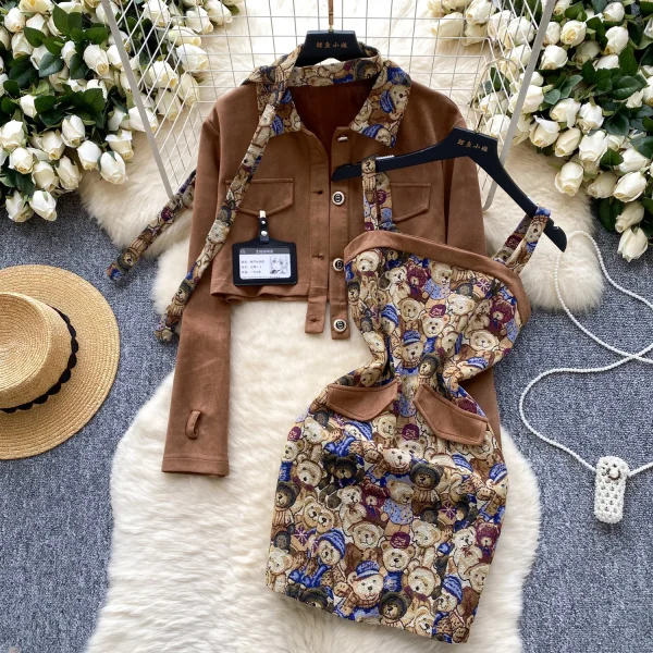 LW0126 Vintage Bear Jacquard Waistband Dress Women'S Short Deerskin Velvet Coat Preppy Two-Piece Suit
