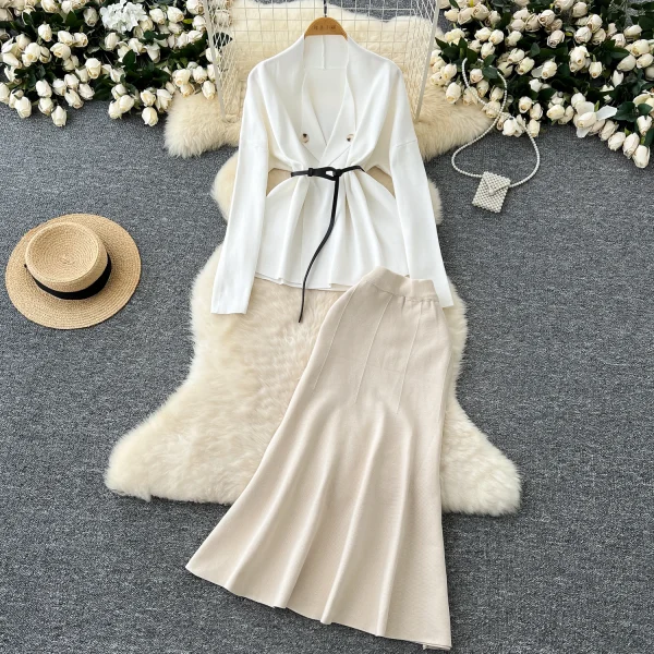 LW0146 Feminine Wear With Autumn Two-Piece Set Advanced Sense Lace-Up Waist Lapel Long-Sleeved Sweater Coat Skirt