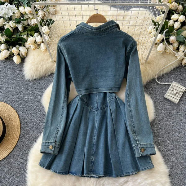 LE4751 Spice Girls Denim Suit Pant Sets Women Fall Two-Piece Waist Slimming Halter Pleat Dress + Long Sleeve Cardigan Coat - Image 3