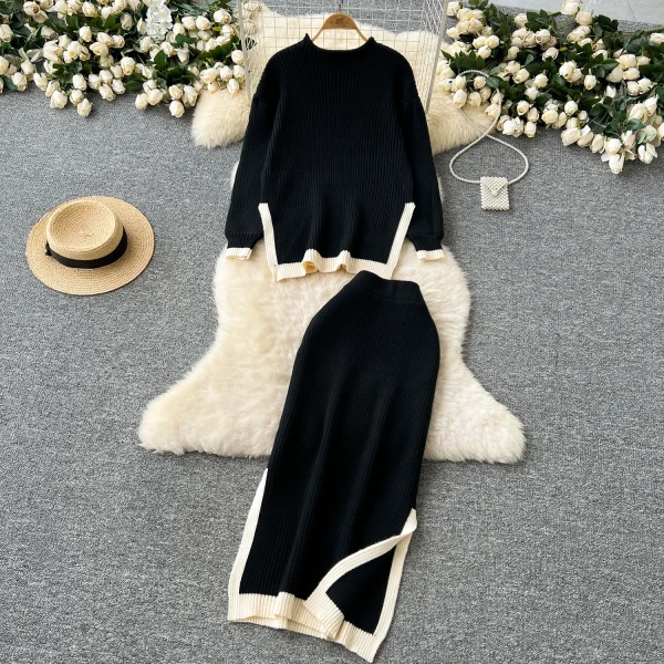 LW0135 Simple Color Contrast Design Two-Piece Women'S Loose Knit Sweater High Waist Slimming Mid-Length Skirt - Image 4
