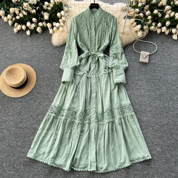 ZT1465 French Vintage Lace Patchwork Pearl Single Breasted Temperament Stand Collar Lantern Sleeve Big Swing Women's Dress - Image 4