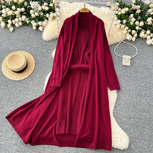 LW0096 Maillard Wears Two-Piece Female a Sleeveless Knit Dress With a Slouchy Sweater Coat Two-Piece for Women - Image 4